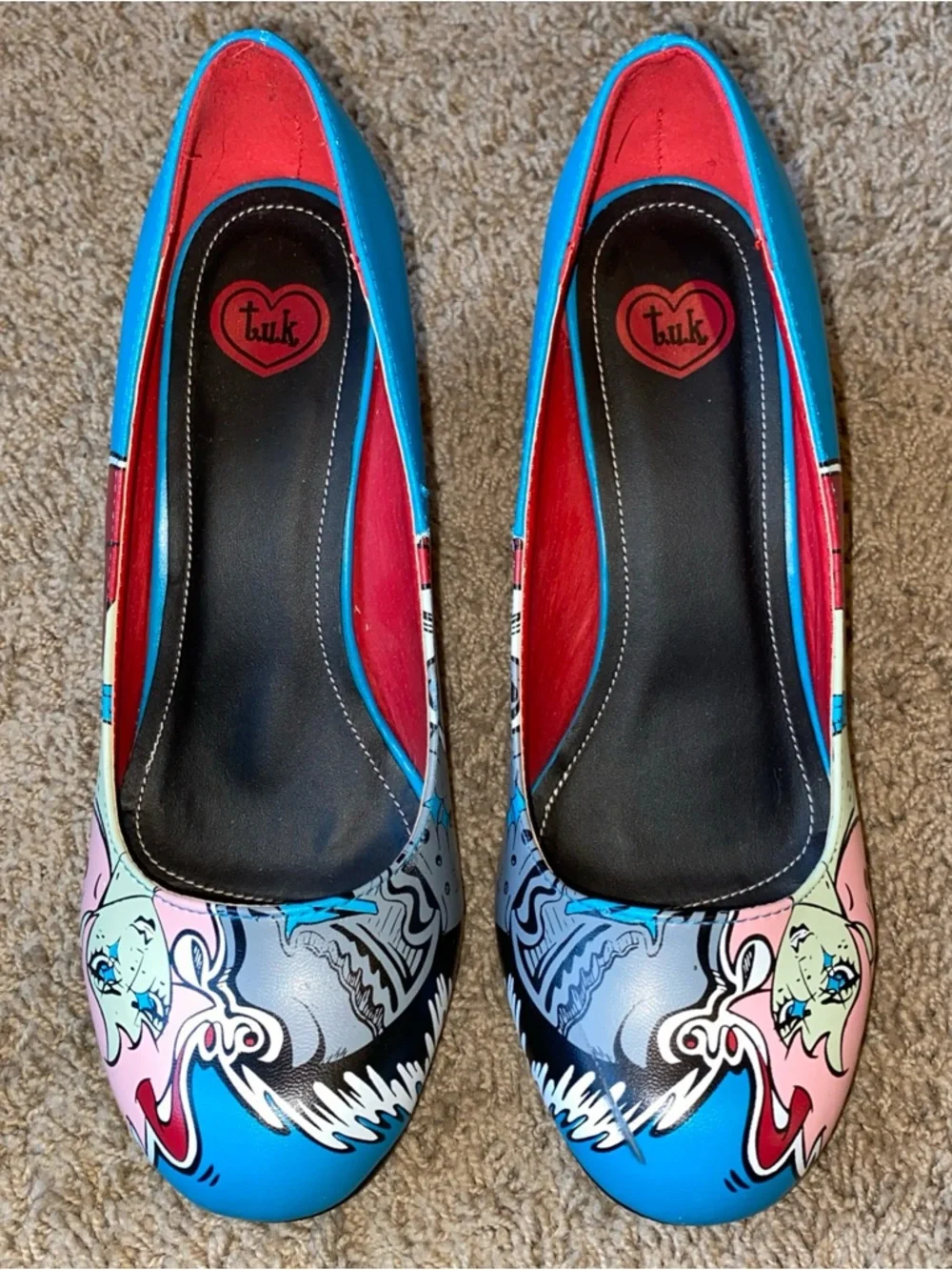 T.U.K. Comic Heels Womens Size 9 Teal Anime Emo Pop Art Graphic Cone Pumps